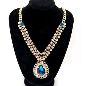 Dramatic Chunky Gold Tone Necklace Clear Rhinestones Bold Blue Center Drop Gem